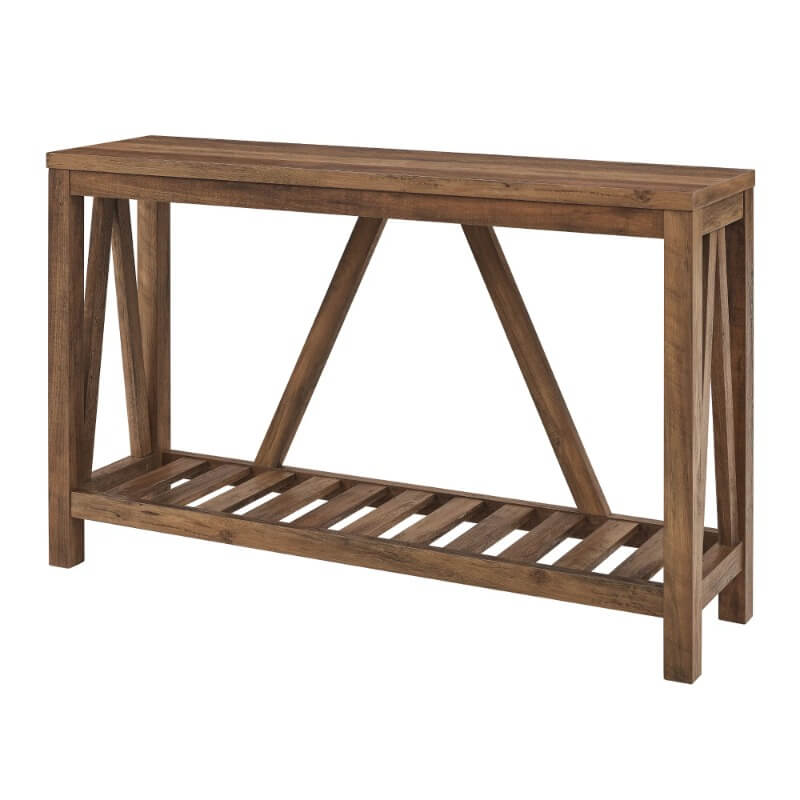 Side view of the farmhouse entryway console table highlighting its rustic finish.