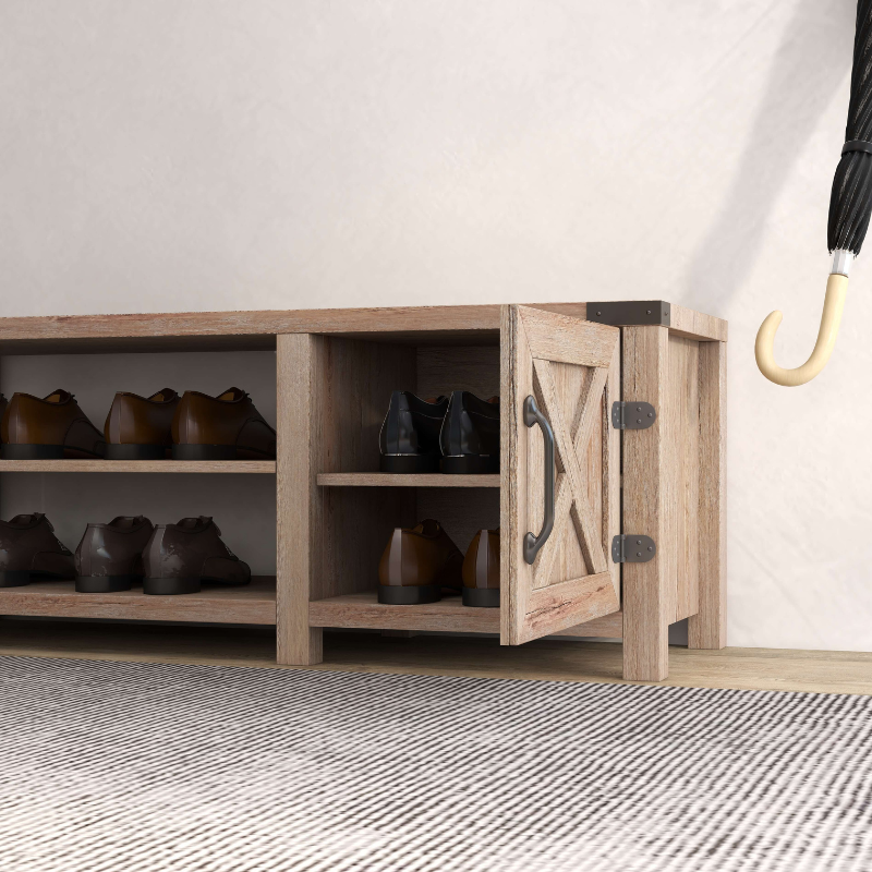 Front view of the Rustic Charm Entryway Bench with Shoe Rack showcasing its natural wood finish and design.