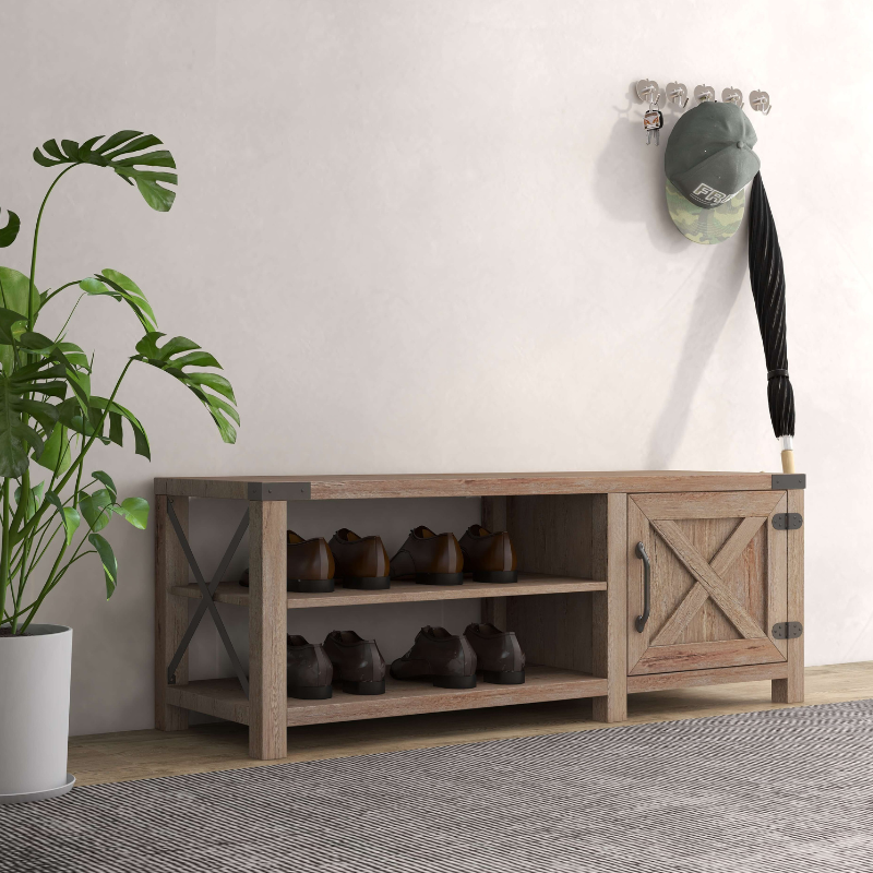 Front view of the Rustic Charm Entryway Bench with Shoe Rack showcasing its natural wood finish and design.