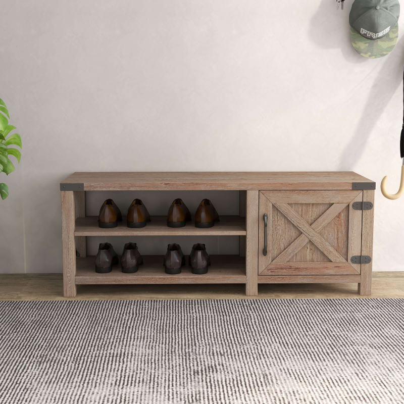 Side view of the entryway bench demonstrating its compact size and four shelves for shoe storage.