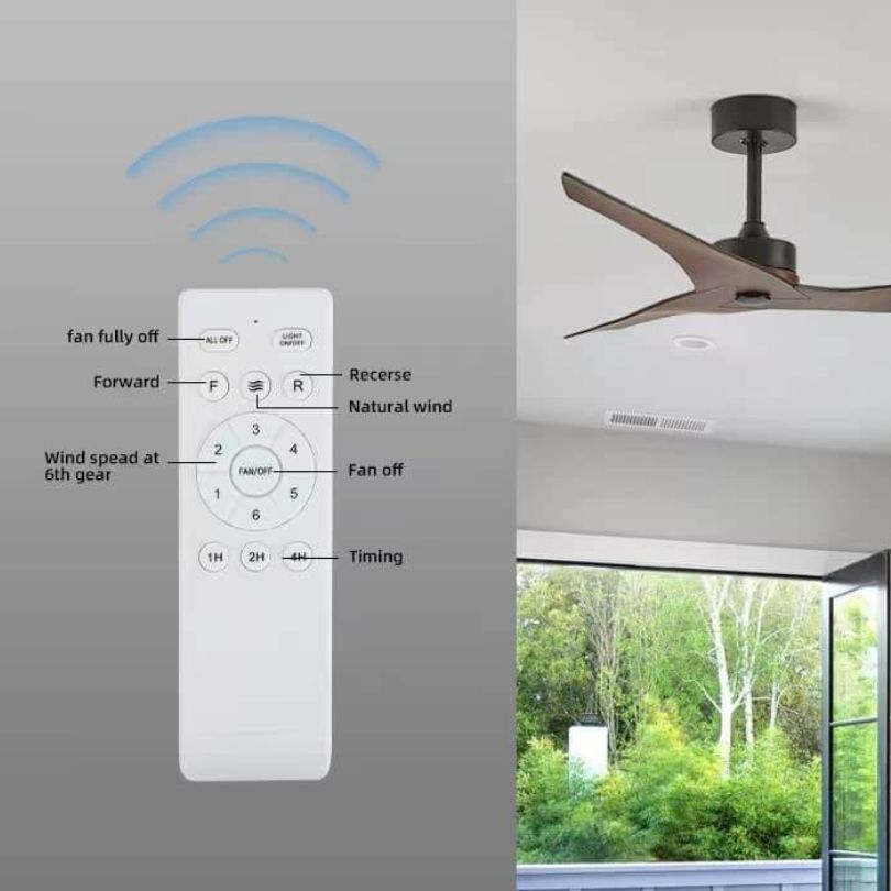 Remote control usage shown with ceiling fan in contemporary home