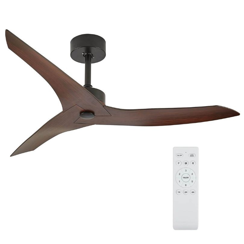 Close-up of walnut blades and motor casing in rustic ceiling fan