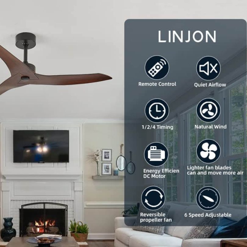 Angled view of reversible ceiling fan mounted in farmhouse-style living room
