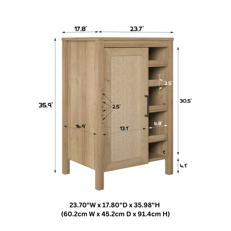 Close-up of faux rattan accents on the wine cabinet, highlighting its boho-chic design.
