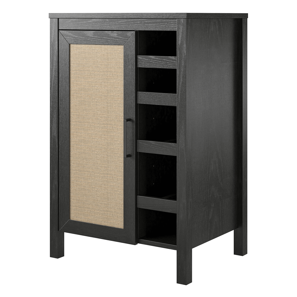 Close-up of faux rattan accents on the wine cabinet, highlighting its boho-chic design.
