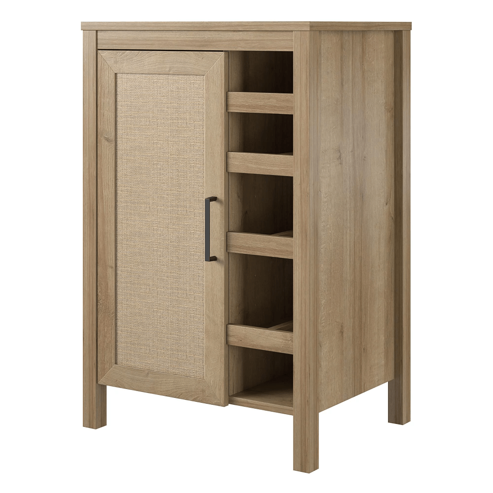 Close-up of faux rattan accents on the wine cabinet, highlighting its boho-chic design.
