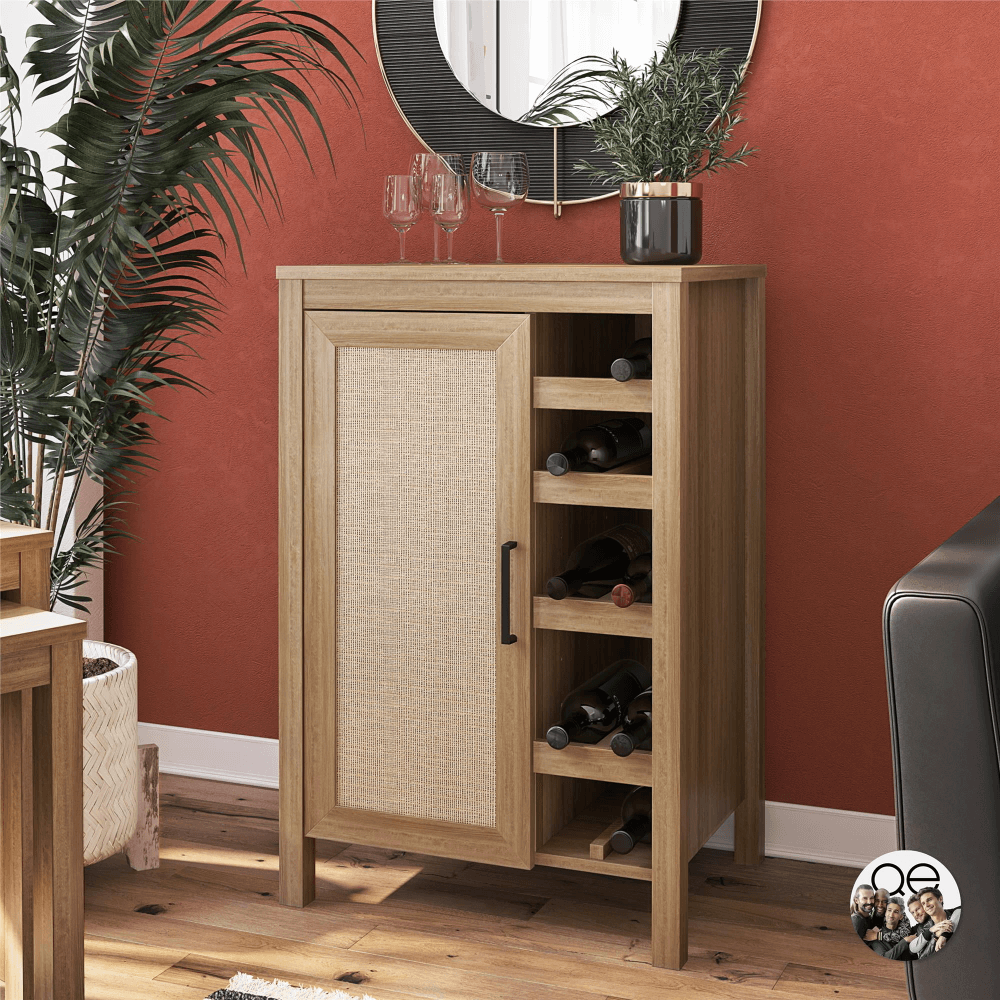 Close-up of faux rattan accents on the wine cabinet, highlighting its boho-chic design.