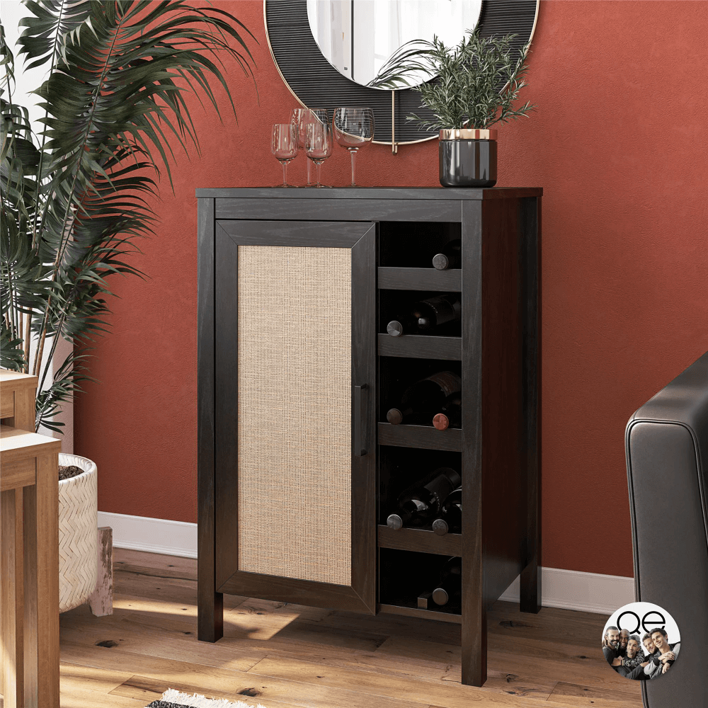 Stylish faux rattan wine cabinet showcasing five shelves filled with wine bottles and glassware.
