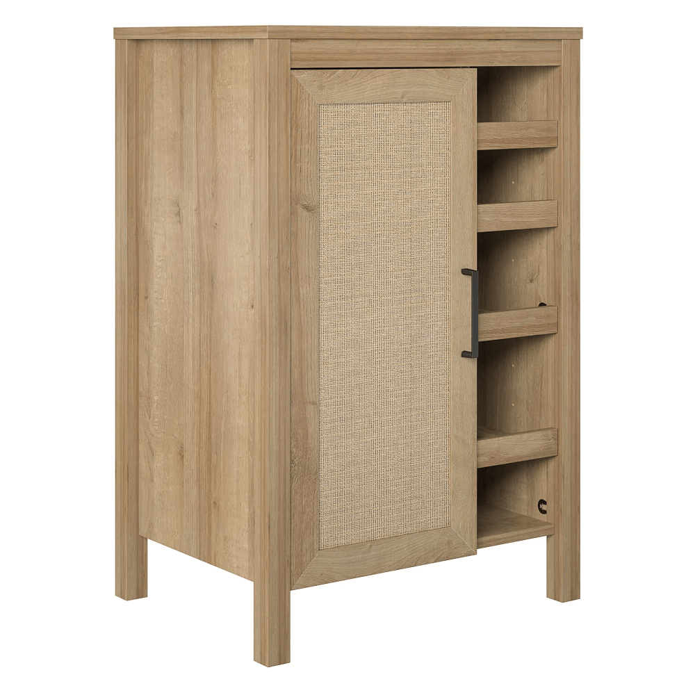 Stylish faux rattan wine cabinet showcasing five shelves filled with wine bottles and glassware.