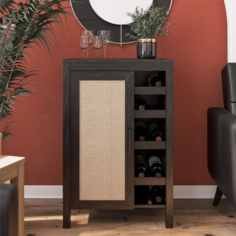 Side view of the wine cabinet with open storage displaying a blender and glassware.
