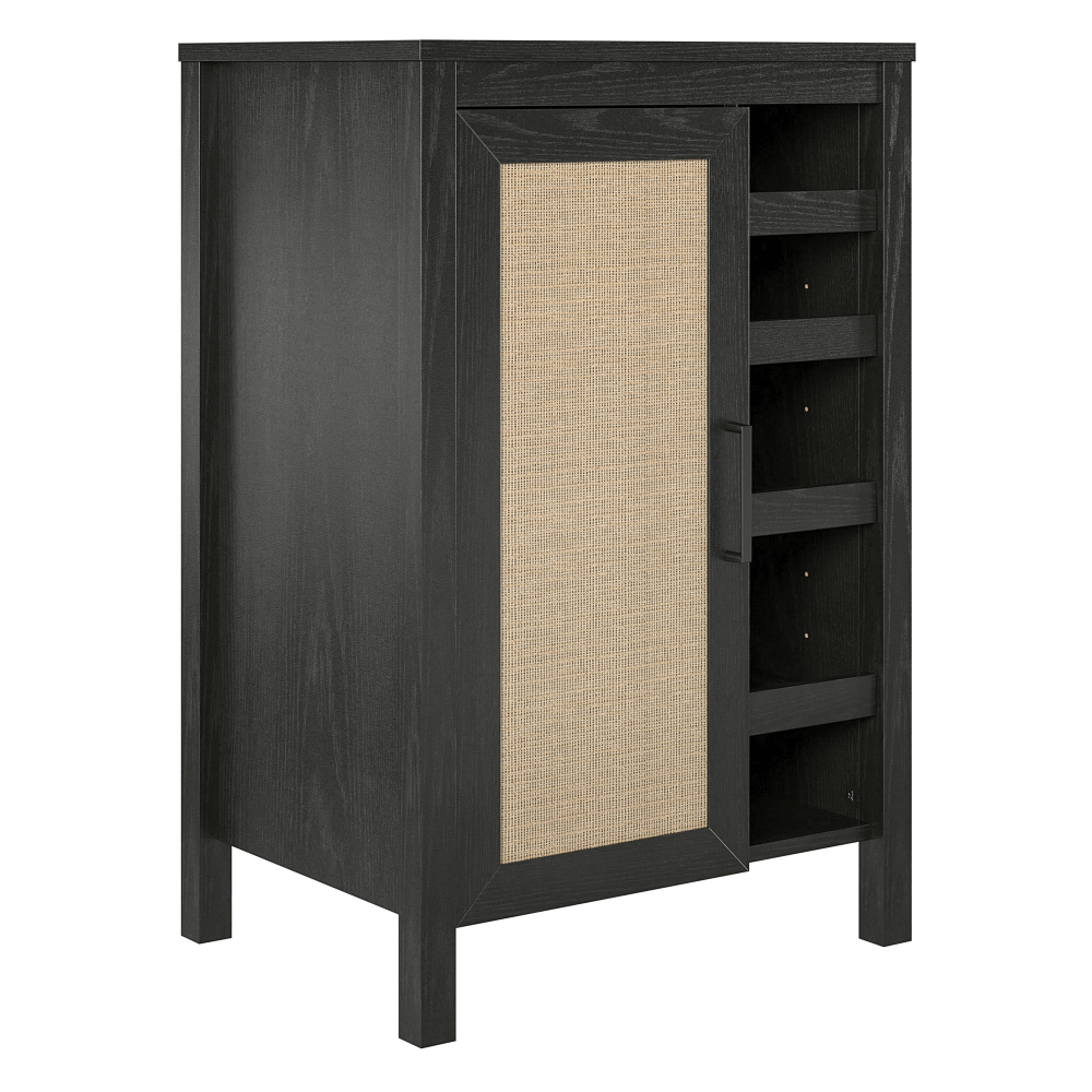 Stylish faux rattan wine cabinet showcasing five shelves filled with wine bottles and glassware.
