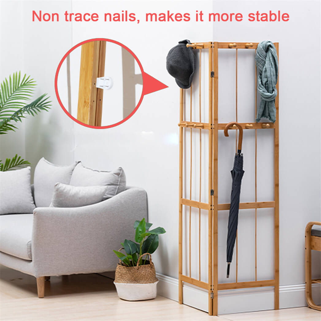 Bamboo coat rack in a stylish hallway, showcasing its hooks and modern design.