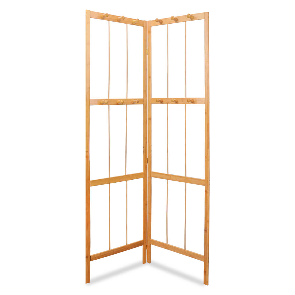 Close-up of bamboo hooks on the coat rack, ideal for hanging bags and accessories.