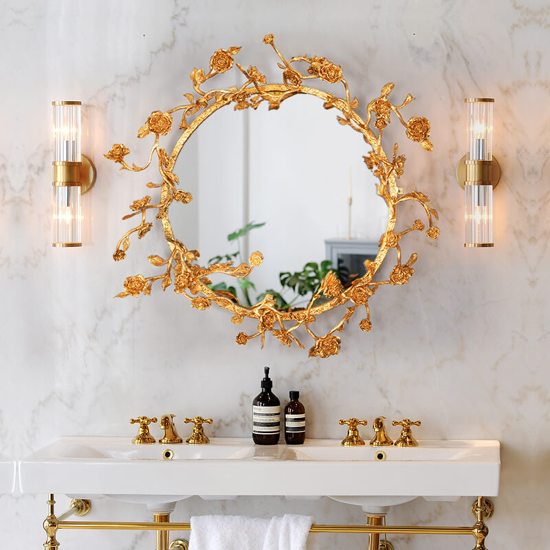 Elegant French rose frame vanity mirror showcasing intricate carvings, perfect for makeup application.