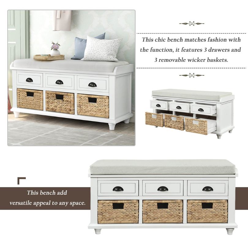 Modern white storage bench with removable cushion, perfect for home organization.