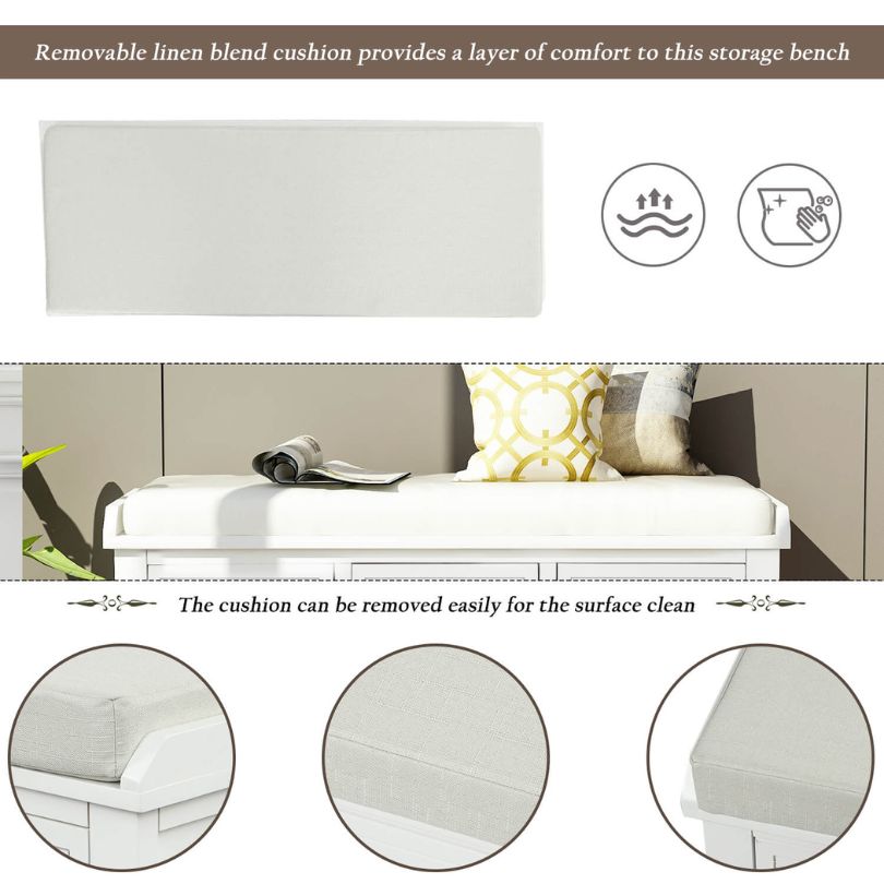 Modern white storage bench with removable cushion, perfect for home organization.