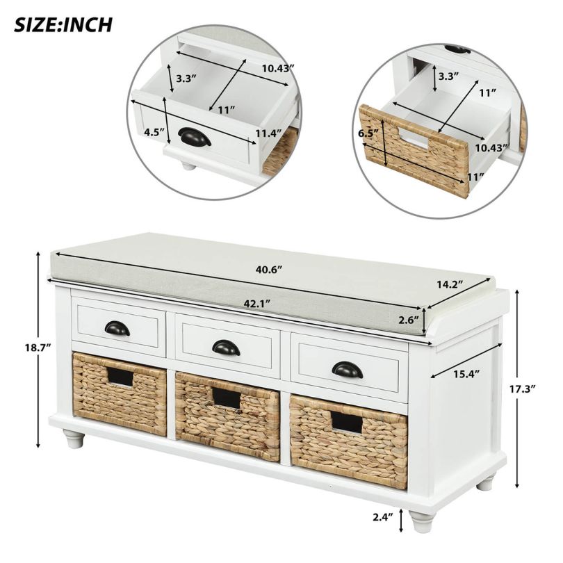 Elegant white storage bench with rattan baskets and drawers, styled in an entryway.
