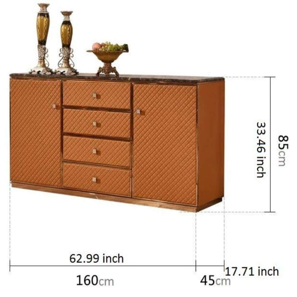 Front view of the modern brown wood sideboard showcasing four drawers and two doors.