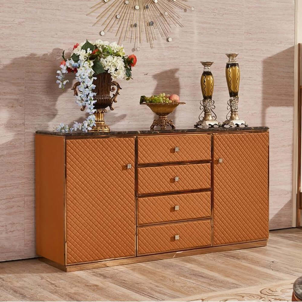 Front view of the modern brown wood sideboard showcasing four drawers and two doors.