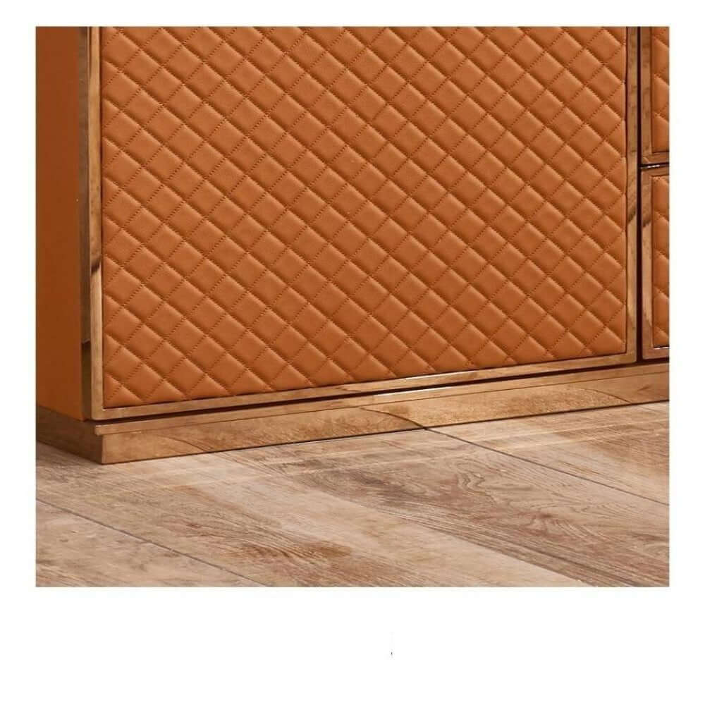 Front view of the modern brown wood sideboard showcasing four drawers and two doors.