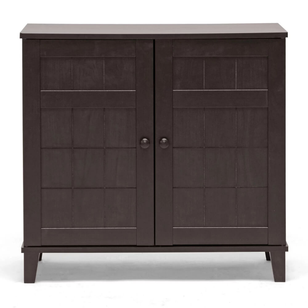 Elegant shoe storage cabinet with a dark gray finish, perfect for any entryway.