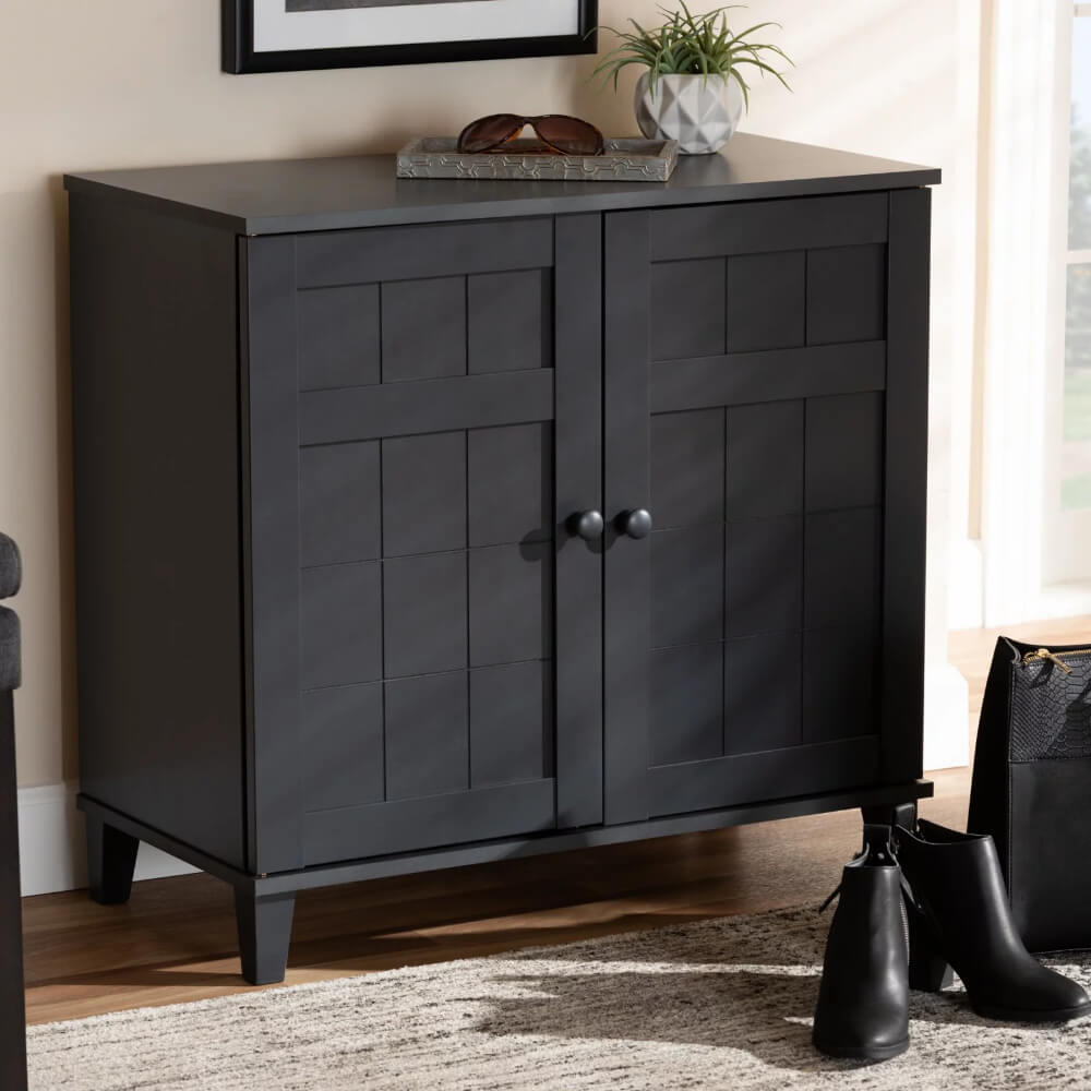 Elegant shoe storage cabinet with a dark gray finish, perfect for any entryway.