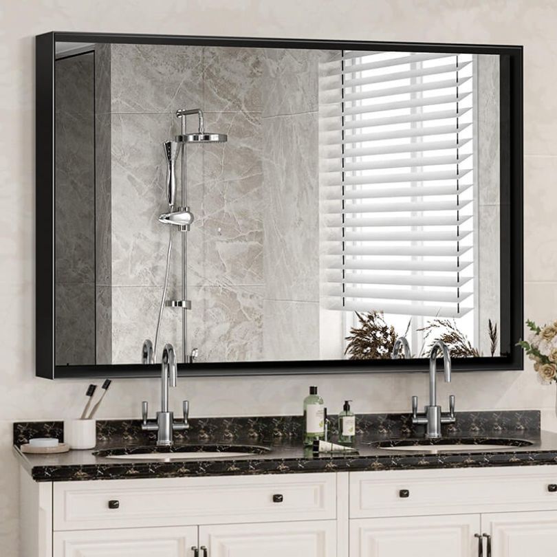 Elegant black square corner wall-mounted vanity mirror showcasing its glossy finish and modern design.