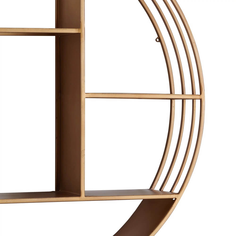 Front view of the Luxe Gold Circular Metal Wall Shelf showcasing its three levels and compartments.