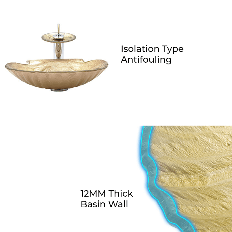 Gold ingot tempered glass vessel sink with waterfall faucet, showcasing its elegant design and smooth surface.