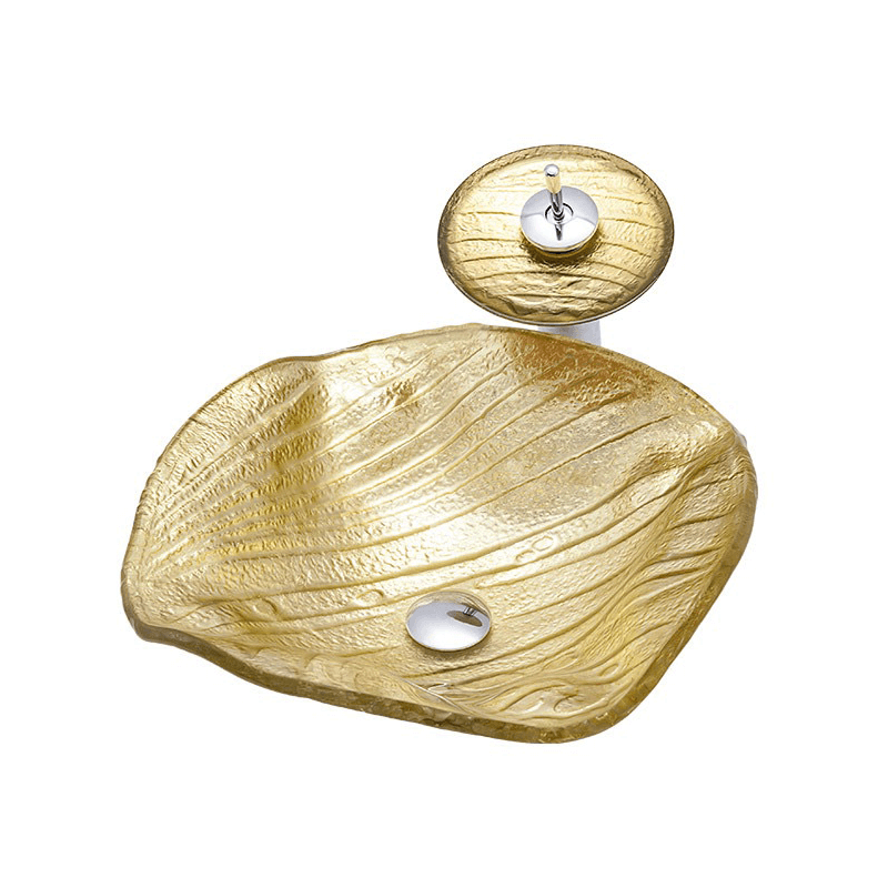 Close-up view of the luxurious gold finish on the tempered glass sink, perfect for modern bathroom aesthetics.