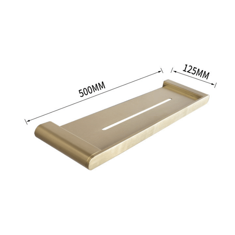 Elegant gold floating shelf showcasing a modern bathroom setup with toiletries displayed.