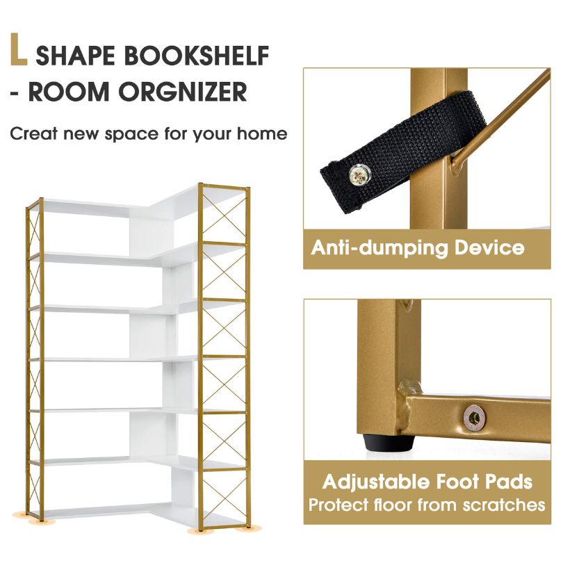 Corner view of the 7-tier shelf structure, ideal for organizing books and collectibles.