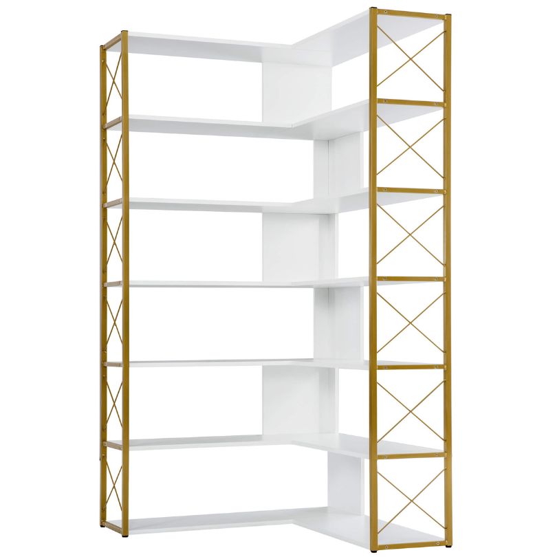 Close-up of the sturdy steel frame and golden white finish of the metal bookcase.