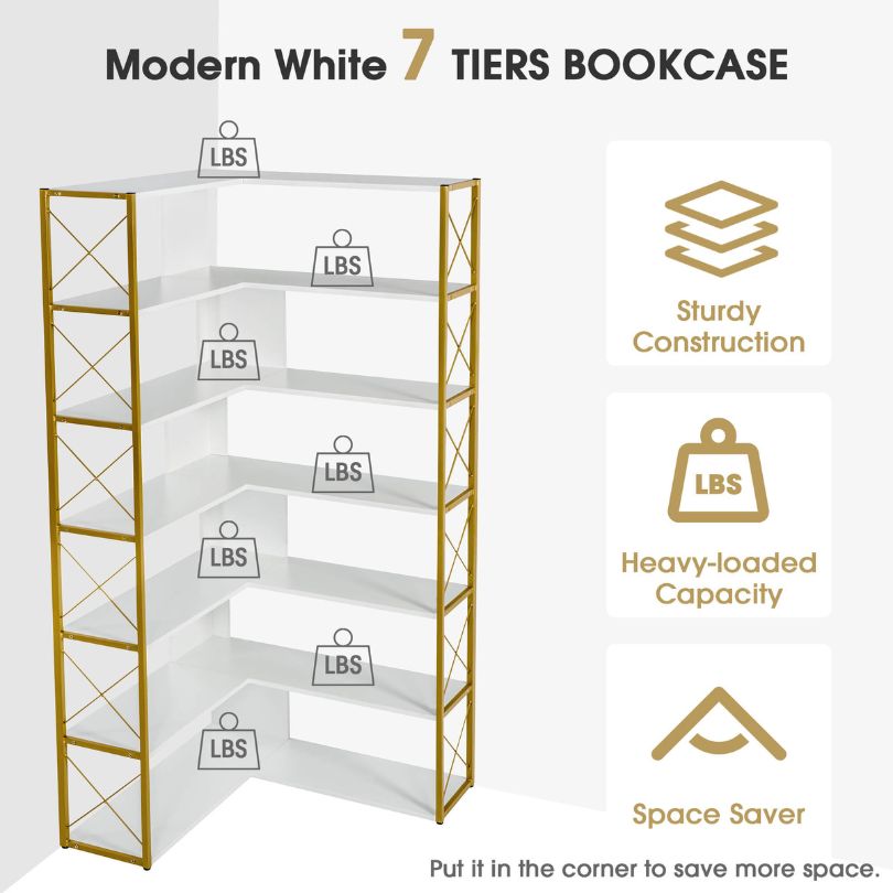 Elegant golden white 7-tier corner metal bookcase showcasing books and decor in a modern living room.