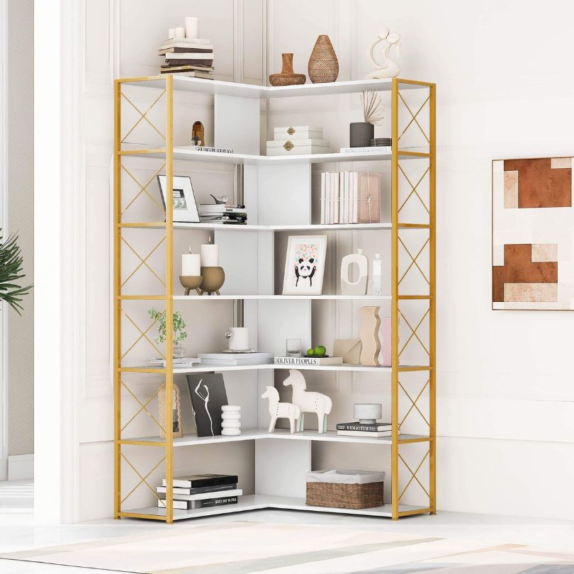 Close-up of the sturdy steel frame and golden white finish of the metal bookcase.