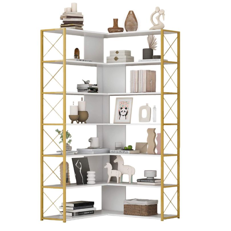 Elegant golden white 7-tier corner metal bookcase showcasing books and decor in a modern living room.