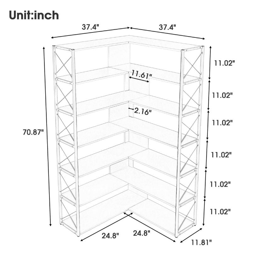 Elegant golden white 7-tier corner metal bookcase showcasing books and decor in a modern living room.