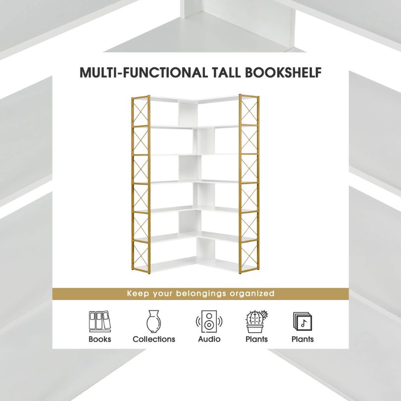 Close-up of the sturdy steel frame and golden white finish of the metal bookcase.