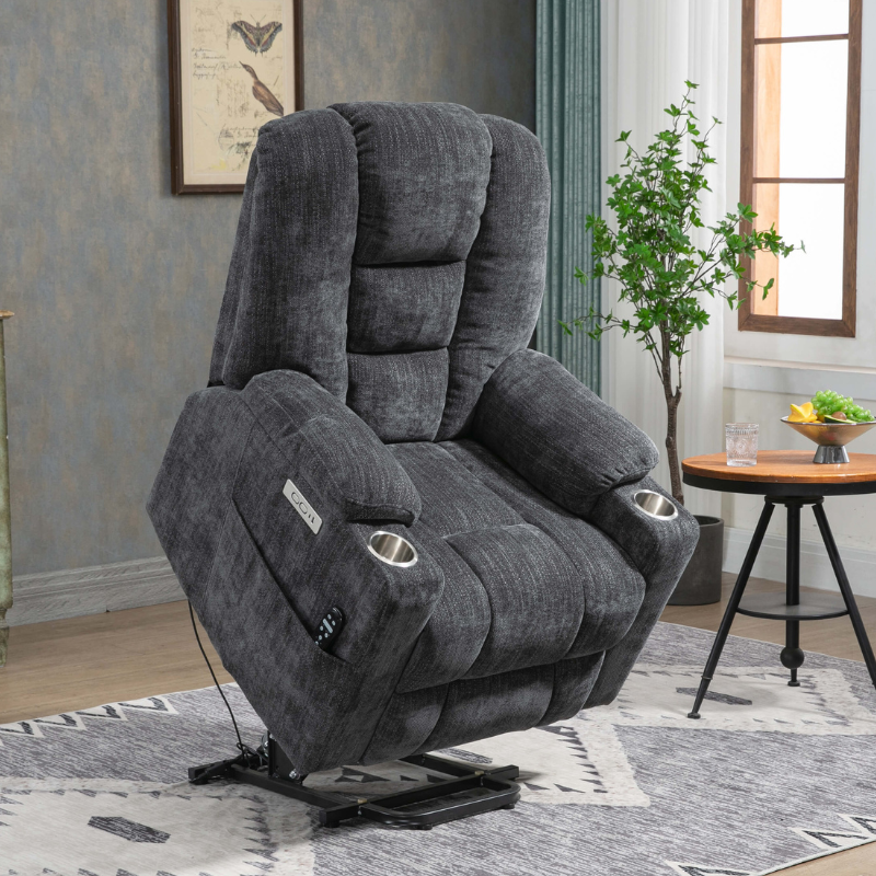 Side view of ComfortPlus Large Power Lift Recliner Chair showcasing its sleek design and cup holder.
