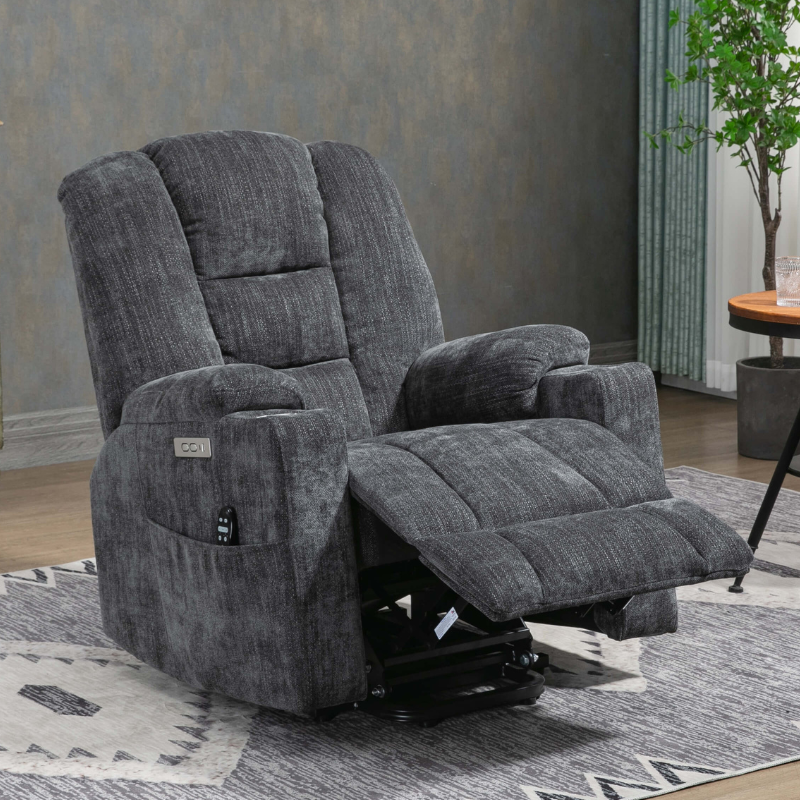 Side view of ComfortPlus Large Power Lift Recliner Chair showcasing its sleek design and cup holder.