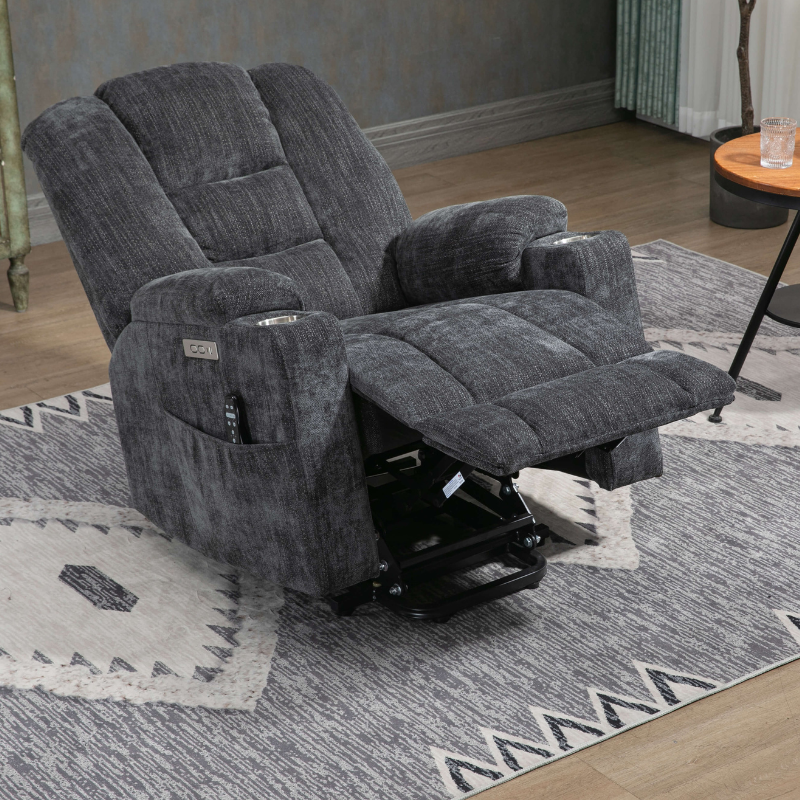 Front view of the Gray Large Power Lift Recliner Chair with heat functionality and USB charging ports.