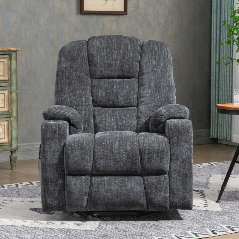 Front view of the Gray Large Power Lift Recliner Chair with heat functionality and USB charging ports.