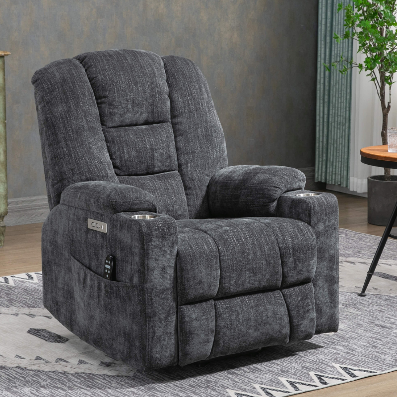 Side view of ComfortPlus Large Power Lift Recliner Chair showcasing its sleek design and cup holder.