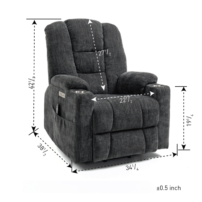 Side view of ComfortPlus Large Power Lift Recliner Chair showcasing its sleek design and cup holder.