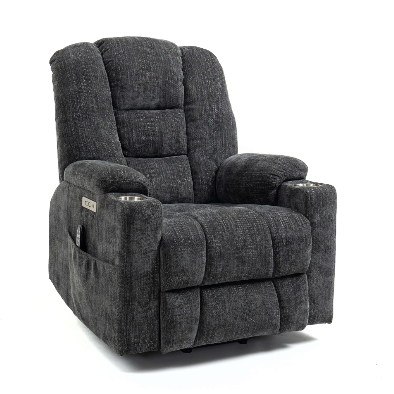 Front view of the Gray Large Power Lift Recliner Chair with heat functionality and USB charging ports.