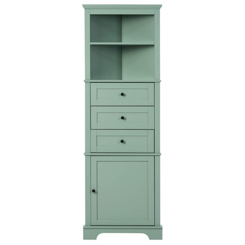 Tall storage cabinet in a vibrant green color, ideal for bathroom essentials.