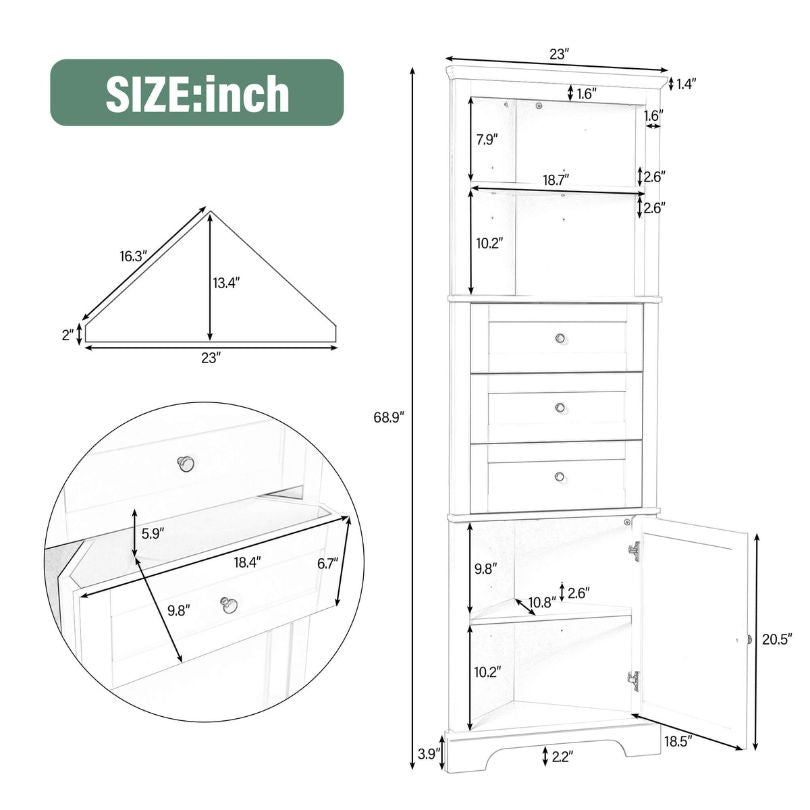 Elegant green tall bathroom cabinet showcasing adjustable shelves from a side angle.
