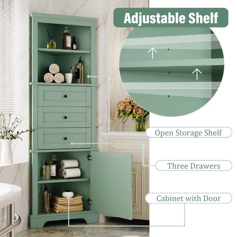Elegant green tall bathroom cabinet showcasing adjustable shelves from a side angle.