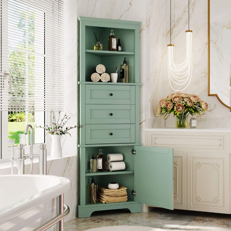 Elegant green tall bathroom cabinet showcasing adjustable shelves from a side angle.