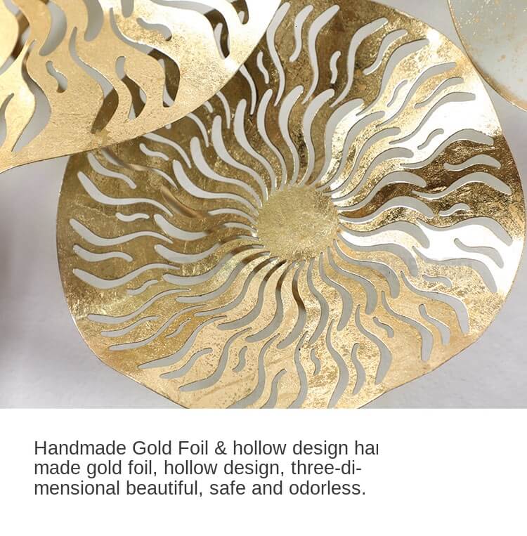 Gilded 3D metal wall art showcasing a minimalist design in a bright living room corner.